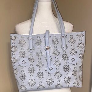 EUC Light Blue Cut-Out Flower Tote Purse w/ Smaller Cosmetic Bag & Strap